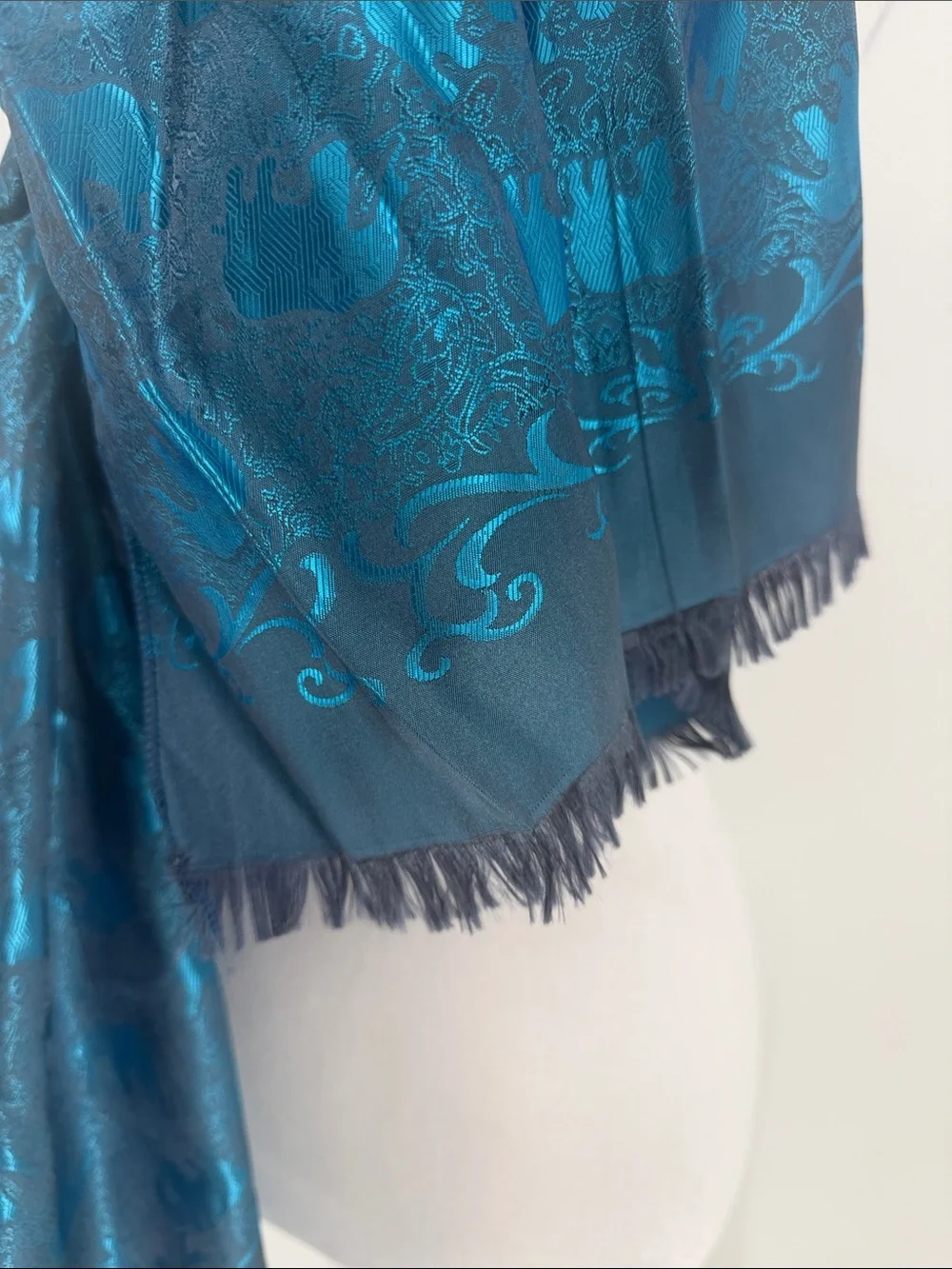100% Silk Elephant Paisley Jacquard Scarf Shawl Teal Blue Fringe